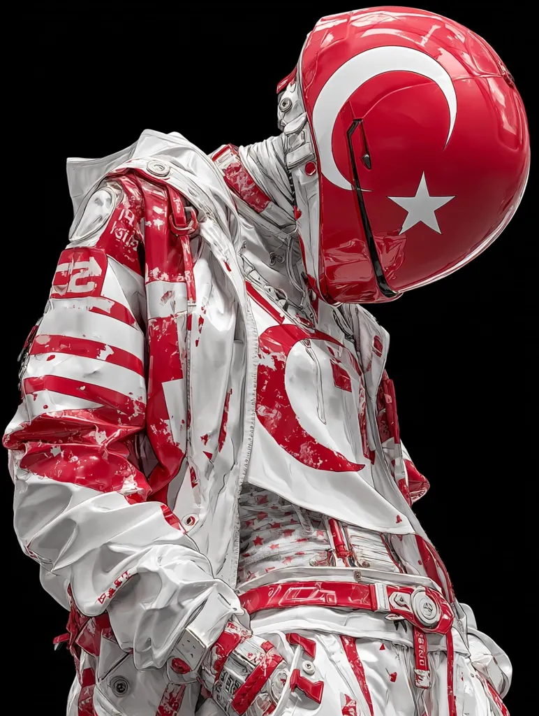 A futuristic figure is depicted, clad in a white and red suit adorned with splattered paint. The suit incorporates elements reminiscent of a racing or tactical outfit.  The helmet features a prominent red crescent moon and star, similar to the Turkish flag. The overall aesthetic blends high-tech design with a stylized, possibly nationalistic, emblem. The figure's pose suggests contemplation or dejection against a stark black background.