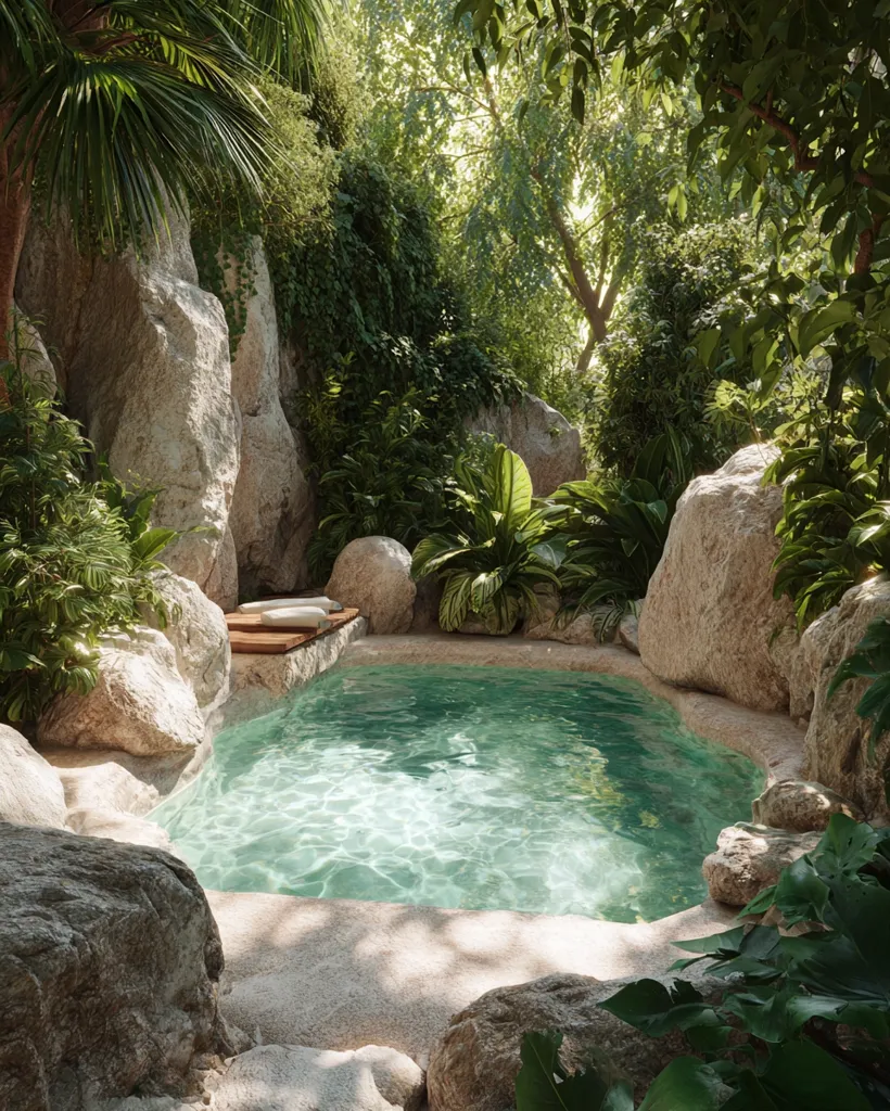 A serene, secluded plunge pool nestled within a lush tropical landscape.  Large, light-colored rocks form the pool's natural-looking perimeter, surrounded by vibrant green foliage and palm trees.  Sunlight filters through the dense canopy, illuminating the tranquil turquoise water. A small wooden platform with cushions offers a relaxing spot beside the pool. The overall atmosphere is one of peace and secluded luxury.