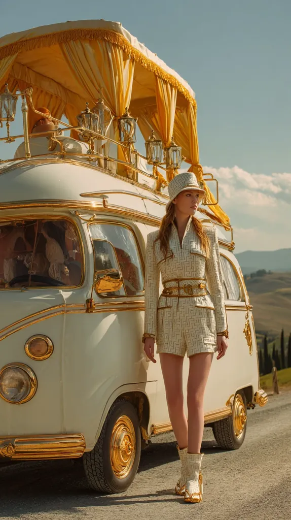 A fashion model in a cream-colored patterned jumpsuit and bucket hat stands beside a luxurious, gold-trimmed vintage Volkswagen bus. The bus features a lavish yellow canopy and ornate details. The setting is a picturesque Tuscan landscape, under a bright sky. The overall aesthetic is one of opulent vintage style and high fashion.