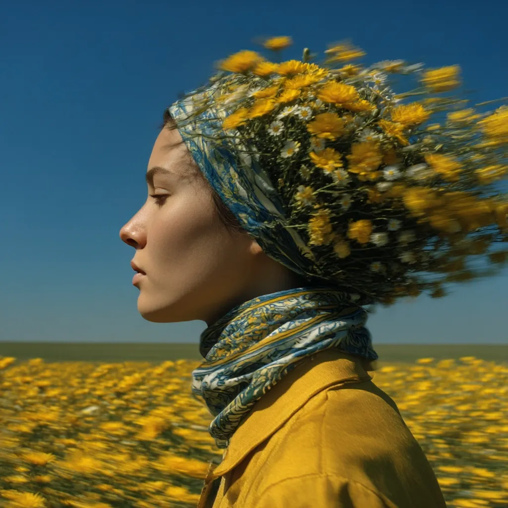 A young woman, wearing a yellow coat and a patterned headscarf adorned with yellow and white flowers, stands in a field of blooming yellow flowers. The flowers in her hair appear to be in motion, creating a sense of movement and freedom.  Her profile is visible, gazing serenely towards the horizon under a clear blue sky. The overall image evokes a feeling of peace and connection with nature.