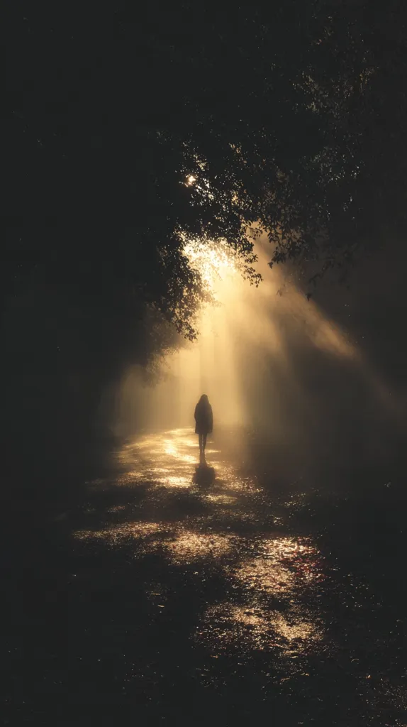 A solitary figure walks down a path enveloped in mist and shadow.  Golden rays of sunlight pierce the dense trees, illuminating the path ahead. The scene evokes a sense of mystery and contemplation, the individual seemingly lost in thought as they journey towards the light. The contrast between darkness and light emphasizes the path's ambiguity and the journey's unknown destination.