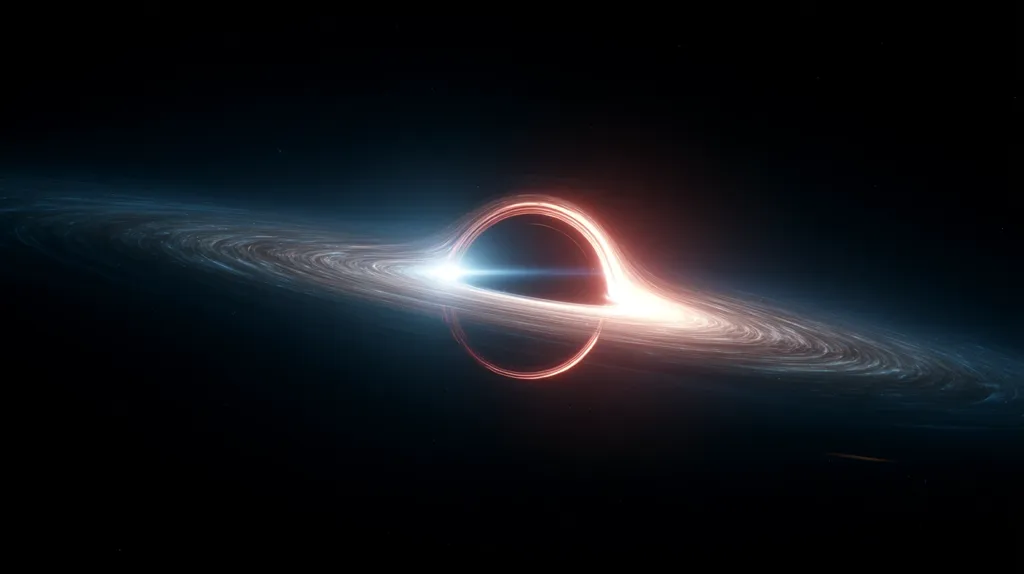 A mesmerizing depiction of a black hole, its accretion disk a swirling vortex of light and shadow.  Glowing red and blue hues illuminate the warped spacetime around the singularity. The immense gravity bends light, creating a dramatic spectacle in the inky blackness of space.  A cosmic marvel of immense power and mystery.