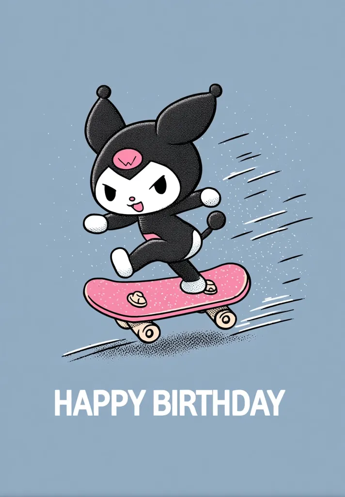 A birthday card features Kuromi, the Sanrio character, skateboarding at high speed.  Kuromi's signature mischievous grin is visible as she zooms across a pastel pink skateboard on a light blue background.  Motion lines emphasize her speed, adding a dynamic feel. The words "Happy Birthday" are printed below the illustration.  The style is a stylized, cartoonish illustration with a slightly gritty texture.