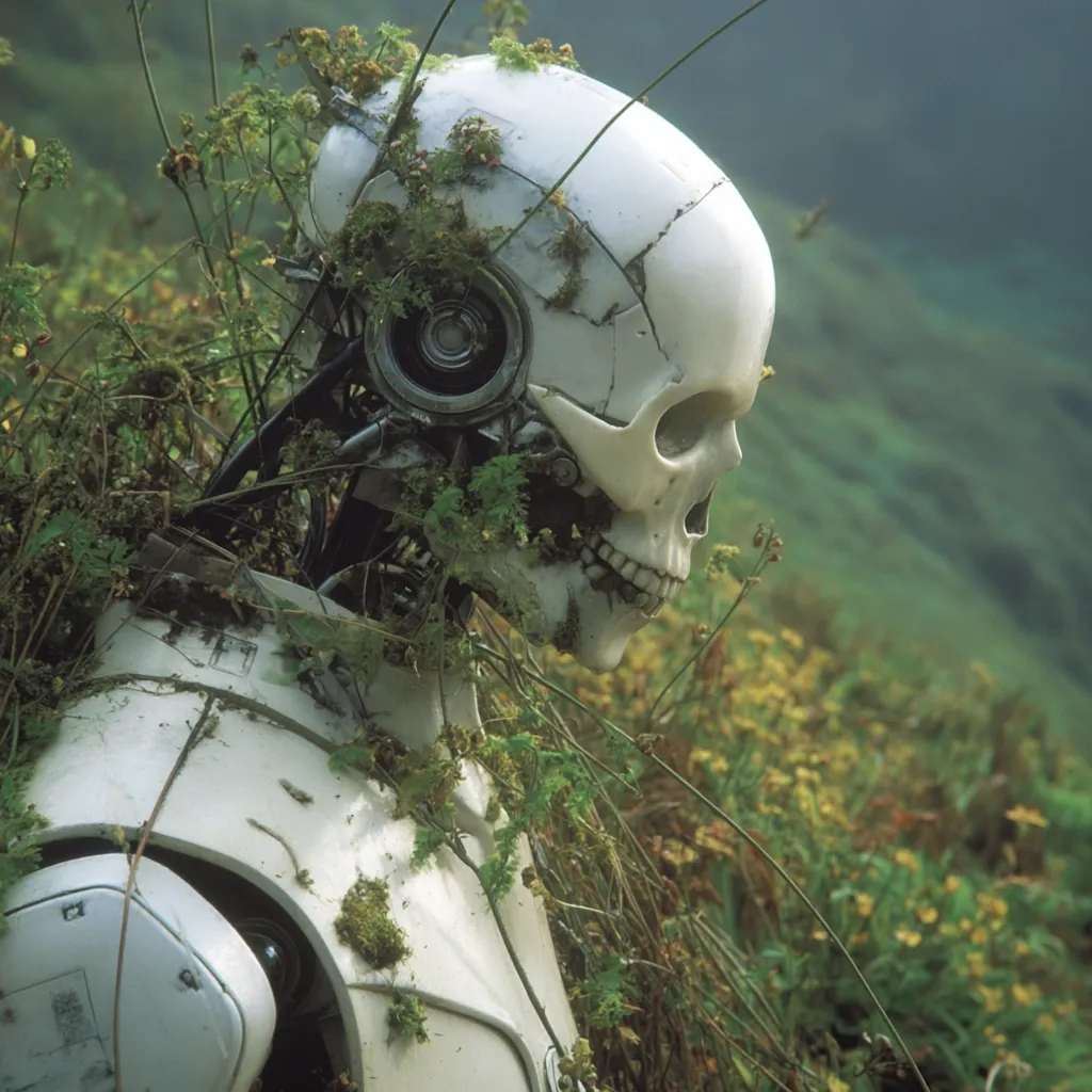 A weathered robotic skull, partially obscured by overgrown vegetation, is the focus of the image.  The robot's white, damaged exterior is covered in moss and small plants, suggesting decay and abandonment. It's positioned in a verdant, hilly landscape, creating a juxtaposition of nature reclaiming technology. The scene evokes a sense of post-apocalyptic stillness or forgotten history.