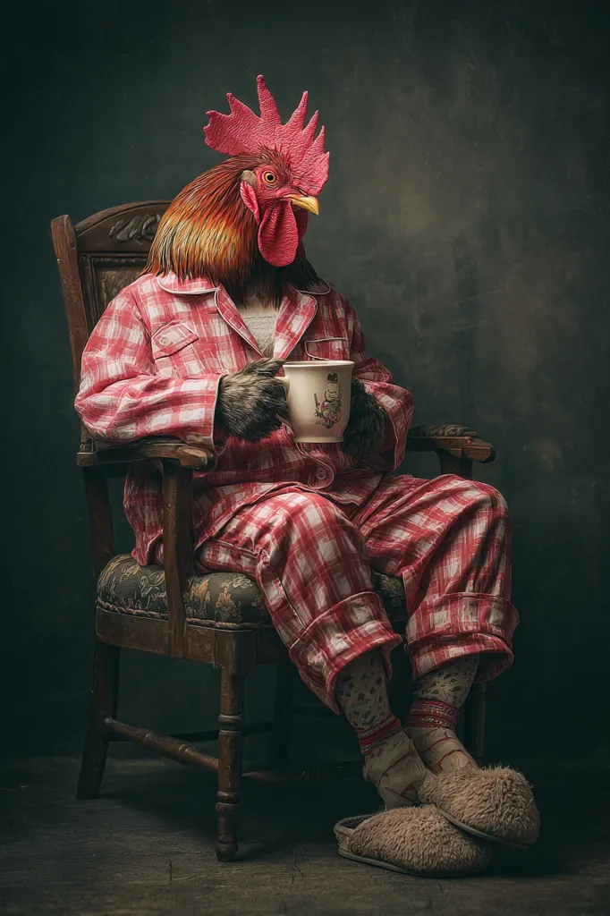 A rooster, anthropomorphized in red and white checkered pajamas, sits comfortably in a wooden armchair.  He holds a mug in his clawed hands, appearing relaxed and content.  The setting is dark and moody, highlighting the rooster's unusual attire and peaceful demeanor.  The image has a whimsical and surreal quality.