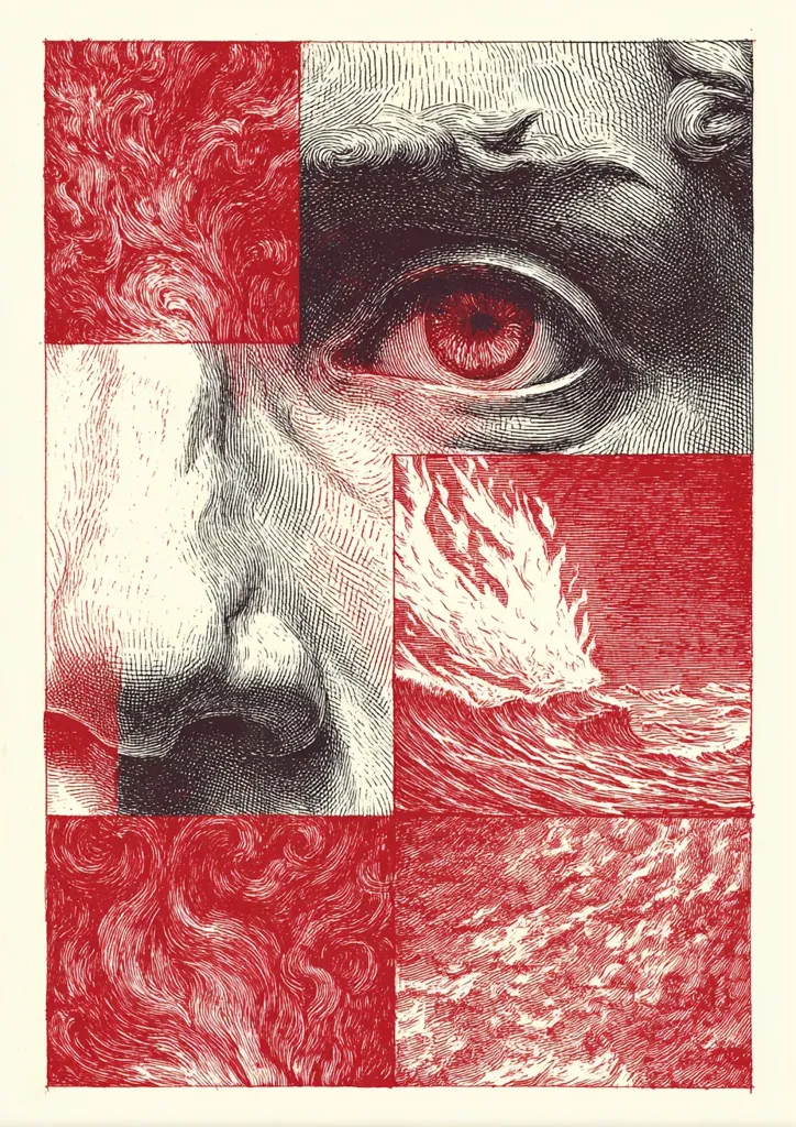 A striking collage features detailed pen-and-ink drawings.  A close-up of a classical-style eye with a red iris dominates, juxtaposed with sections of textured hair, a nose, and turbulent ocean waves rendered in red and white. The contrast between the fine detail and the bold red background creates a powerful visual effect, suggesting themes of passion, chaos, and intense emotion. The overall style is reminiscent of both classical art and modern graphic design.