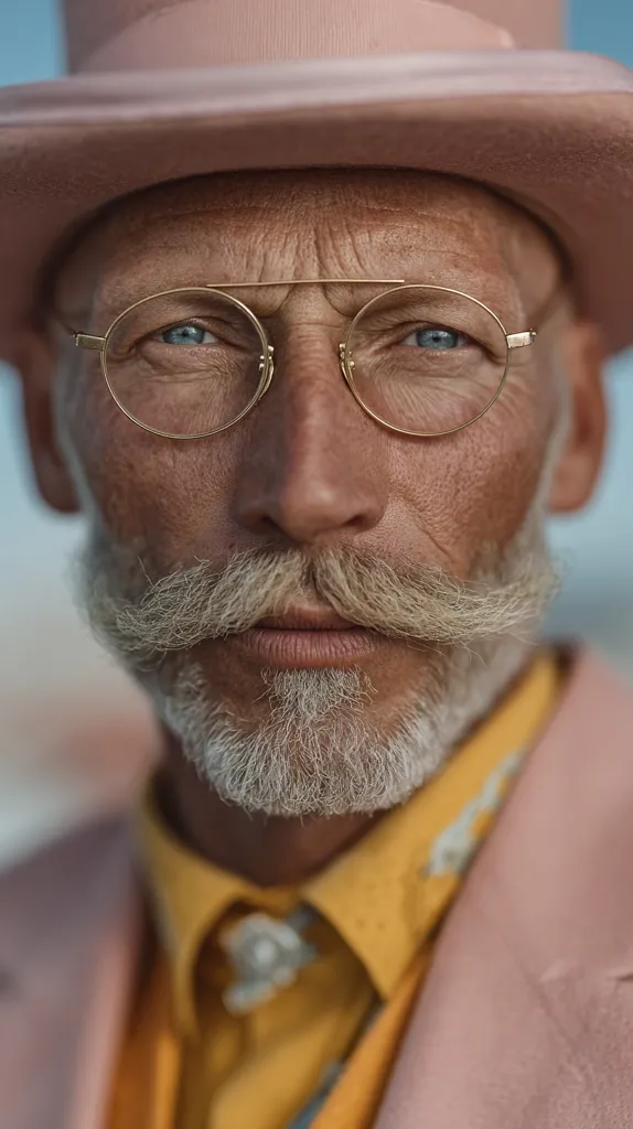 Close-up portrait of an older man with a distinguished look. He wears a pale pink top hat, gold-rimmed round glasses, a handlebar mustache, and a goatee.  His expression is serious, and his attire consists of a mustard yellow shirt under a pale pink jacket. The image focuses on his face and upper body, showcasing texture and detail.