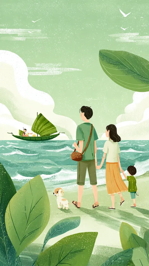 A family of four, holding hands, walks along a sandy beach towards a calm sea. A small dog walks beside them. In the distance, a sailboat with passengers glides across the water.  The illustration is stylized with pastel green tones and large leaves framing the scene, creating a peaceful and idyllic summer atmosphere. Birds fly overhead in the soft, light sky.