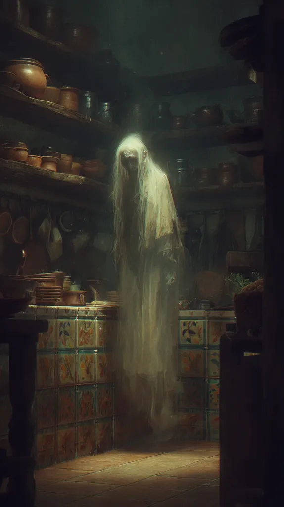 A gaunt, elderly woman with long white hair stands in a dimly lit, rustic kitchen.  She wears a flowing, light-colored garment. Shelves laden with earthenware pots and jars line the walls.  The kitchen features tiled countertops with a floral pattern. The scene is atmospheric and evokes a sense of age and mystery.