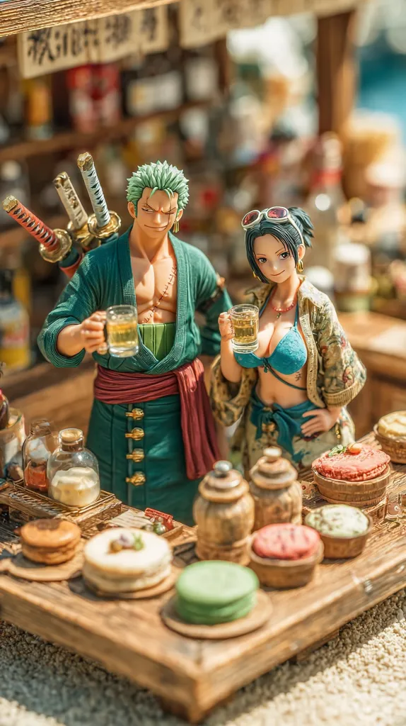 Roronoa Zoro and Nami, iconic One Piece characters, are depicted in meticulously crafted figurines.  Zoro, wielding his swords, and Nami, in her signature style, share drinks at a quaint wooden bar.  The scene is beautifully detailed, including miniature cakes and jars, creating a charming and immersive diorama. The vibrant colors and attention to detail bring the beloved characters to life.