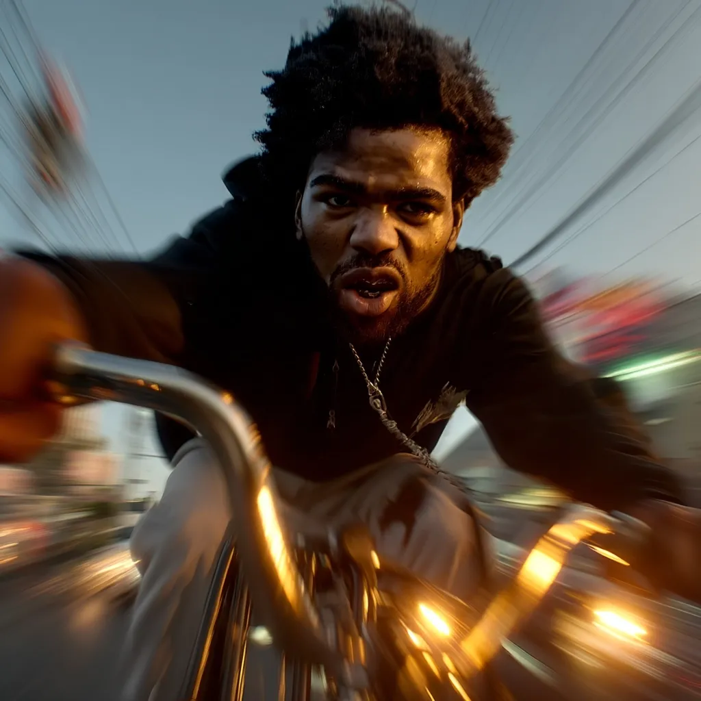 A young Black man with an intense expression rides a bicycle at high speed. The image is blurred to emphasize motion, creating a dynamic and energetic feel.  The setting appears to be an urban street at dusk or dawn.  The man's focus is unwavering as he leans into the ride, his face close to the camera.  The overall effect is one of raw energy and momentum.