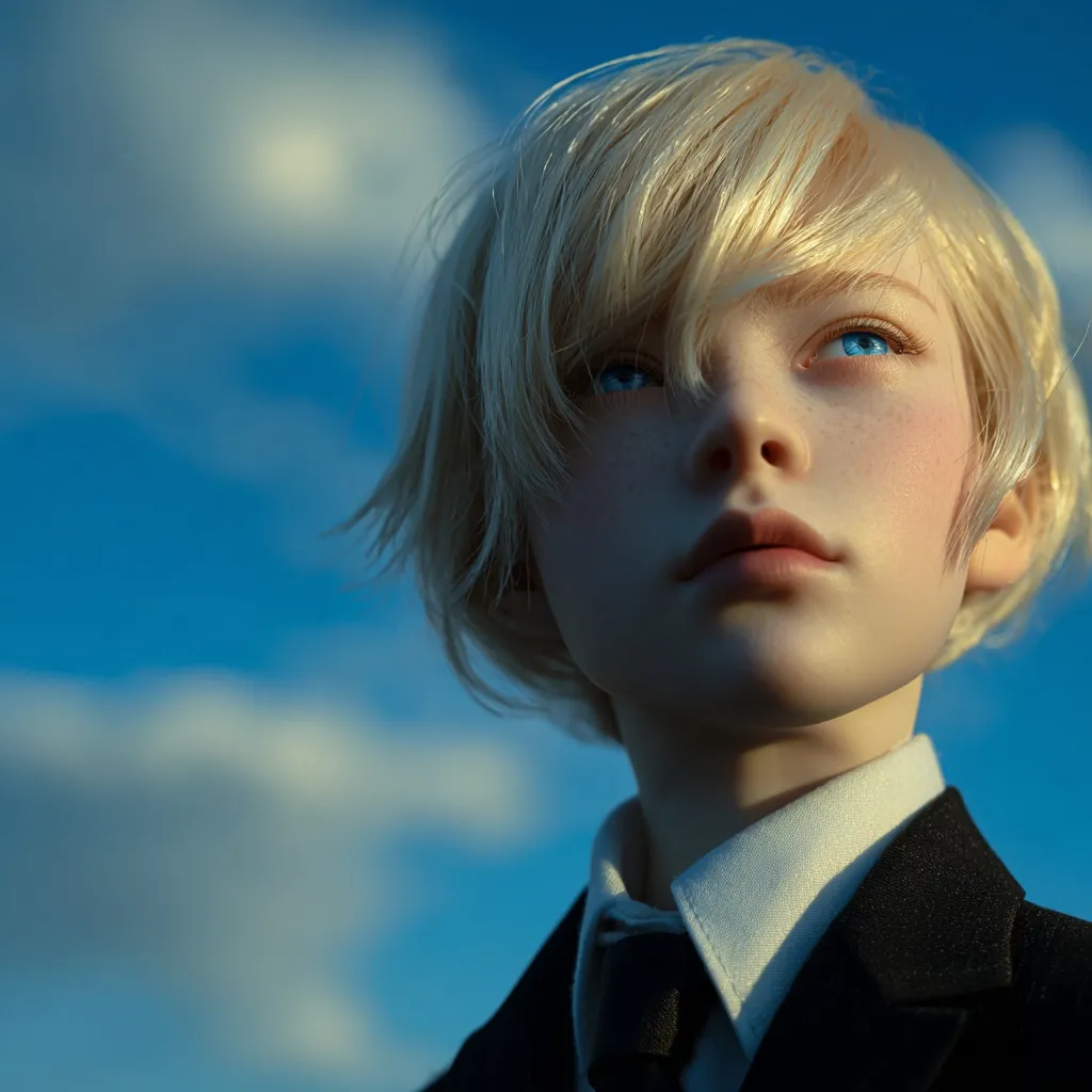 A young, fair-skinned boy with platinum blonde hair looks upward against a vibrant blue sky. His eyes are a striking blue, and his expression is serene and contemplative. He is dressed in a dark suit and crisp white collared shirt, adding a touch of sophistication to his youthful appearance. The image evokes a sense of wonder and quiet contemplation. The soft lighting and dreamy sky enhance the ethereal quality of the portrait.