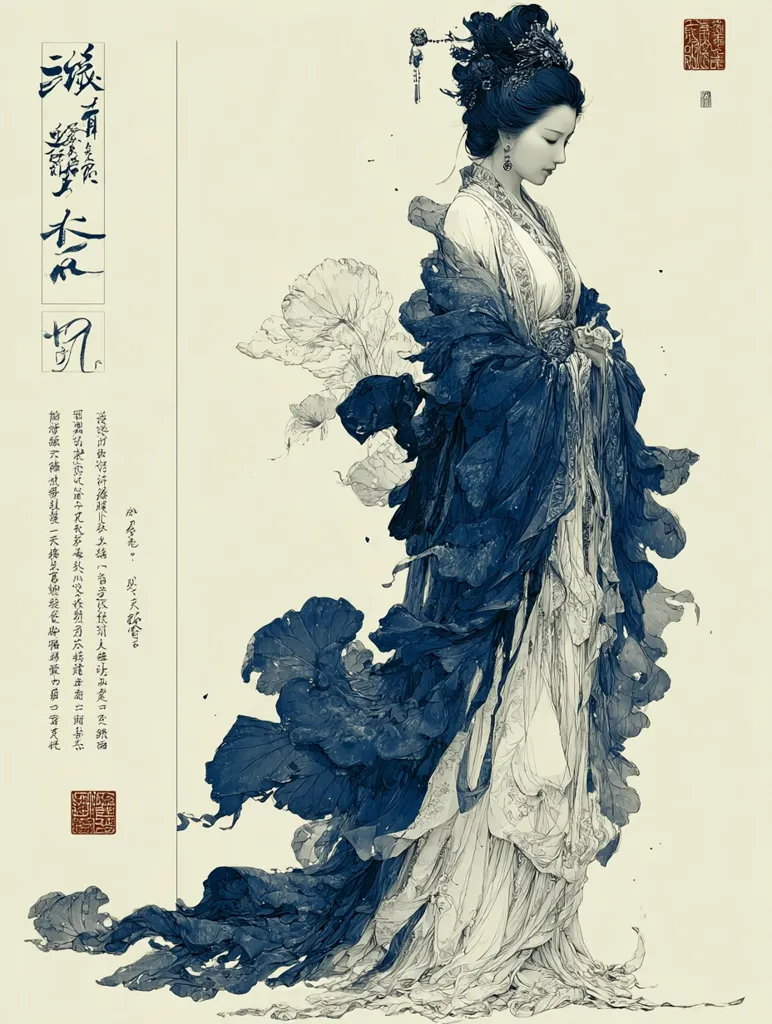An elegant illustration depicts a woman in traditional East Asian attire.  She is adorned in a flowing, dark blue robe that appears almost ethereal, with details rendered in delicate lines. Her posture is serene, and her gaze is downcast.  The background features stylized lotus leaves, enhancing the artwork's graceful and contemplative mood.  The image is reminiscent of classical Chinese painting styles.