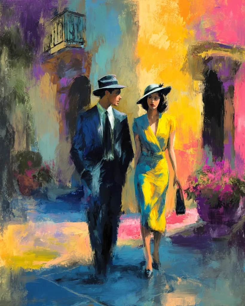 A vibrant oil painting depicts a stylish couple strolling through a sun-drenched city street. The man, in a dark suit and fedora, walks alongside a woman in a bright yellow dress and hat.  Their elegant attire and the painterly style evoke a sense of mid-century romance.  The background is a colorful abstract representation of buildings and foliage, adding to the painting's expressive energy.  The overall mood is one of sophisticated charm and effortless grace.