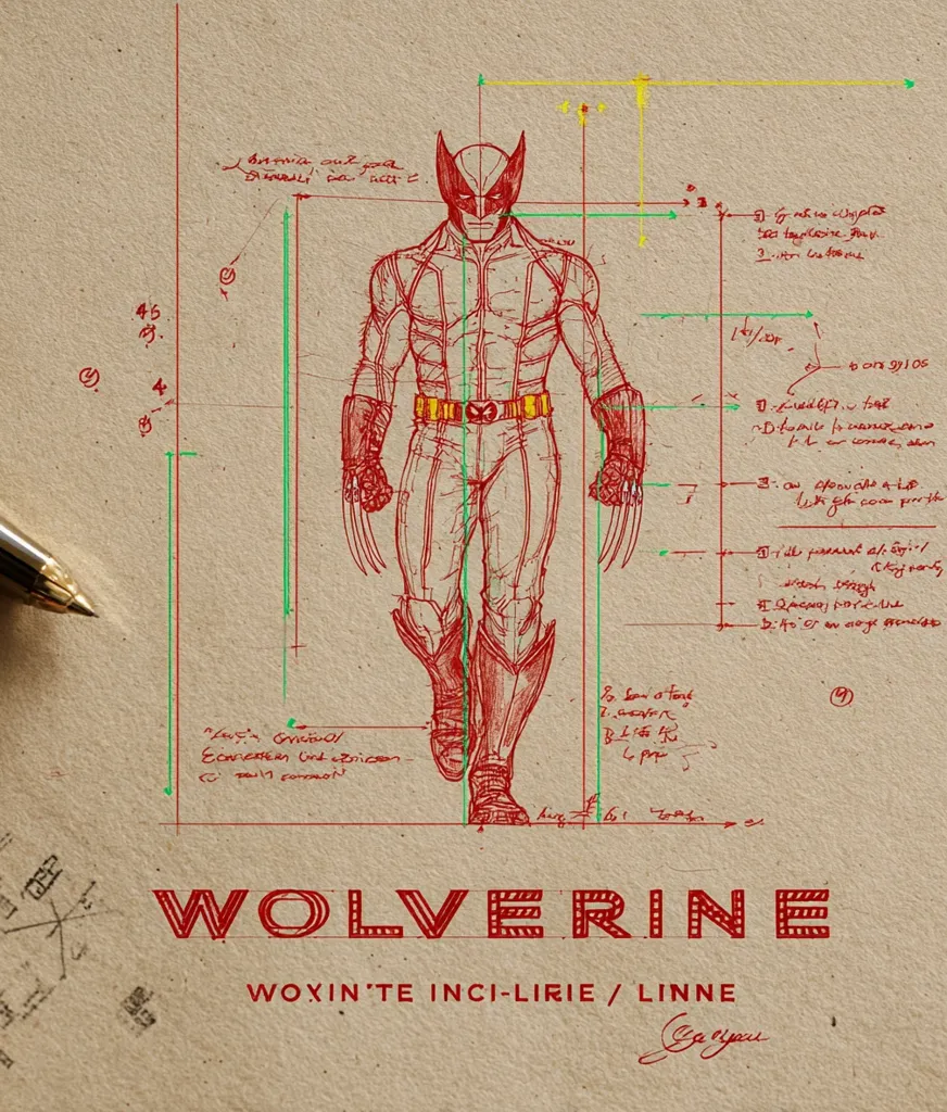 A detailed red ink drawing of Wolverine, the Marvel Comics superhero, is presented as a blueprint.  Measurements and annotations surround the figure, suggesting a design process. The style is reminiscent of technical drawings, with lines indicating proportions and dimensions. The word "WOLVERINE" is prominently displayed below, along with artist credits.  The overall aesthetic is both artistic and technical, capturing the character within a design context.