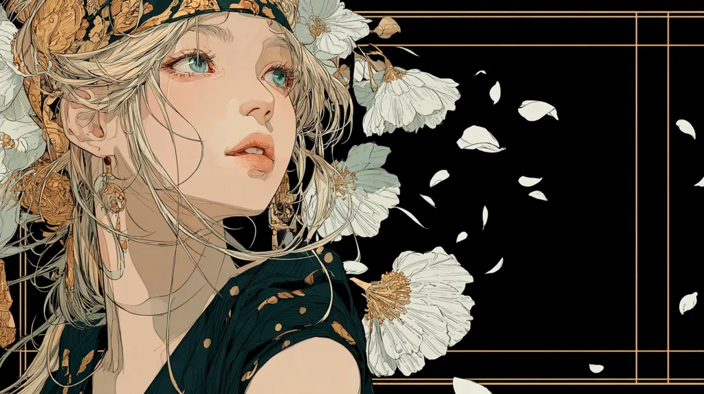 A stylized illustration of a young woman with blonde hair, adorned with an ornate gold headband and earrings.  She is wearing a dark green, polka-dotted dress.  White flowers and falling petals surround her, set against a dark background with a gold frame. The artwork features delicate lines and a soft color palette, creating an ethereal and elegant atmosphere.