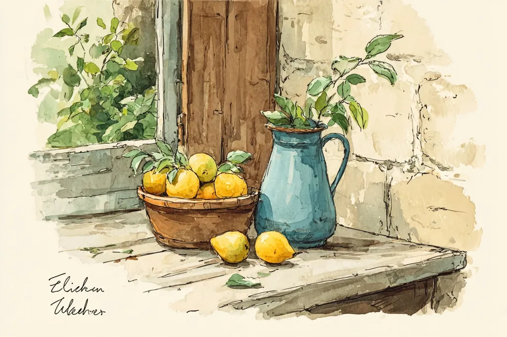 A watercolor painting depicts a rustic still life.  A wooden bowl overflowing with bright yellow oranges sits on a weathered wooden table, next to a teal blue pitcher with a sprig of greenery. Two more lemons rest beside the bowl.  The scene is bathed in sunlight streaming from a window, partially visible in the background, showcasing a lush green plant outside. The artist's signature is subtly placed in the bottom left corner.