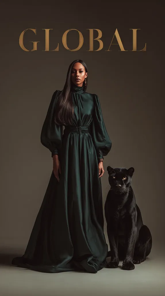 A fashion photograph features a woman in a long, dark green gown with puffy sleeves. She stands next to a black panther, both posing against a muted brown background. The word "GLOBAL" is inscribed in gold above them. The overall aesthetic is sophisticated and dramatic, emphasizing the elegance of both the woman and the animal. The image evokes a sense of mystery and power.