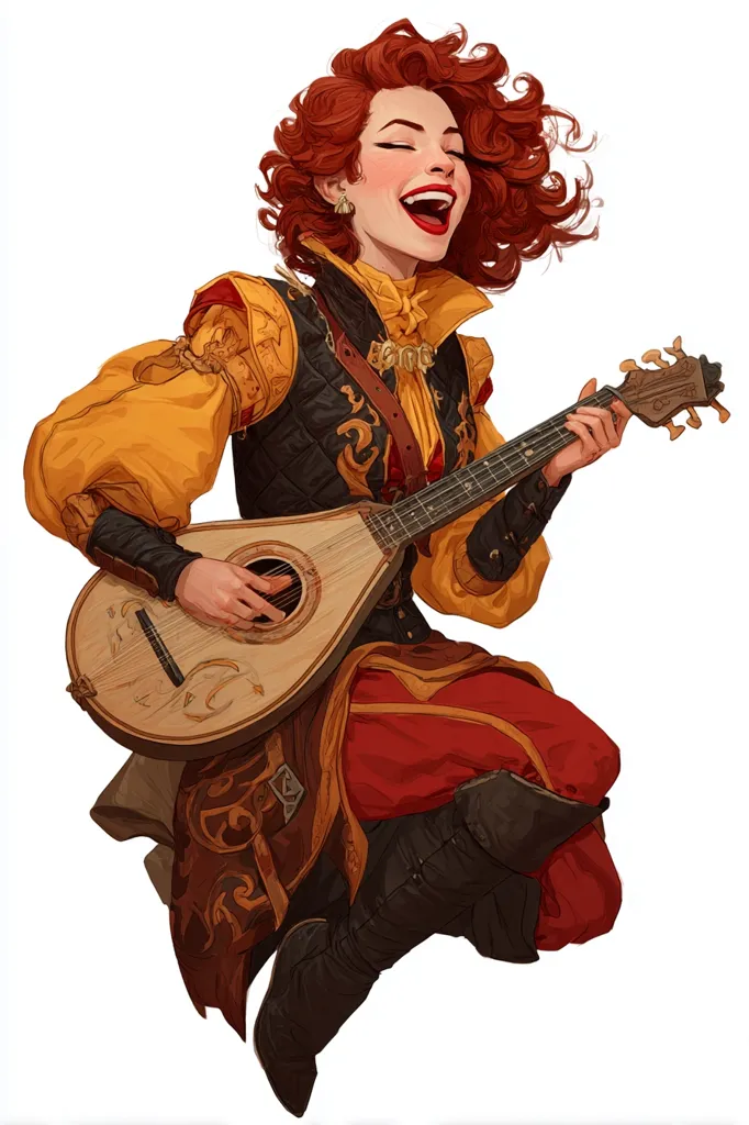 A vibrant illustration showcases a joyful female musician, her fiery red curls flowing as she plays a lute.  She's dressed in a flamboyant ensemble of gold and red, with intricate details on her jacket and boots. Her expressive face radiates happiness as she strums the instrument, creating a lively and energetic scene. The white background emphasizes the figure and her exuberant performance.