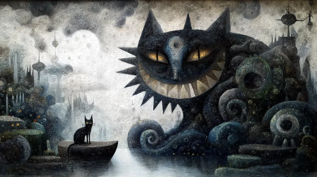 A fantastical painting depicts a colossal, grinning black cat emerging from swirling dark waters.  A small, lone black cat sits in a boat, observing the behemoth across a calm, reflective body of water.  In the background, a mysterious, stylized city is shrouded in mist, adding to the dreamlike, slightly ominous atmosphere. The style is reminiscent of dark fantasy illustration, with textured brushstrokes giving a sense of depth and movement.
