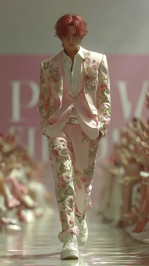 A person with pink hair and round glasses walks a runway.  They are wearing a pale pink floral embroidered suit and white sneakers. The suit is intricately detailed with floral appliqués, and the overall style is androgynous and fashionable. The background is blurred, showing other figures and a pink backdrop suggesting a fashion show.