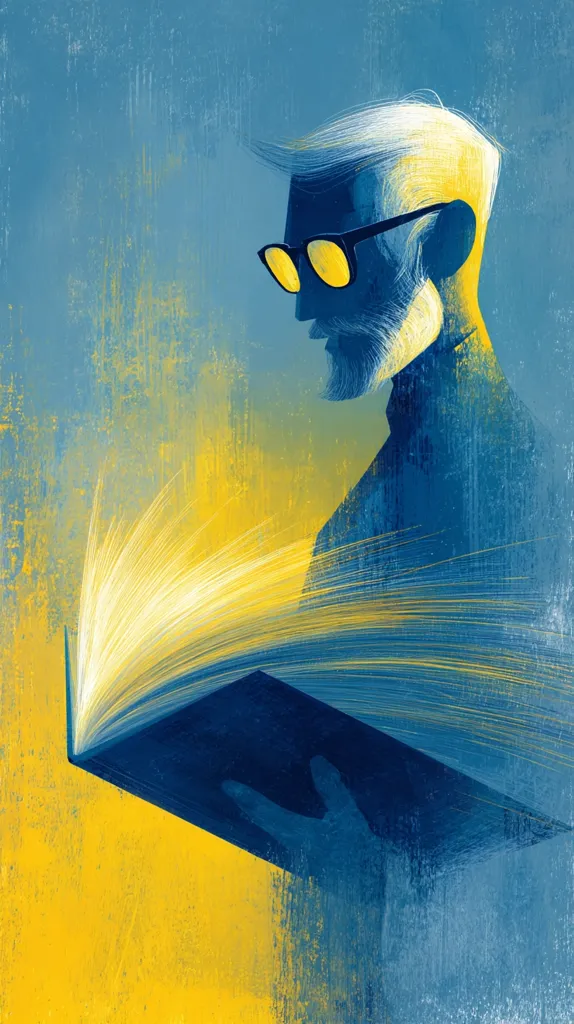 A stylized illustration depicts a man with gray hair and glasses, engrossed in reading a book.  The artwork uses a palette of blues and yellows, with the book's pages rendered in bright, radiating lines suggesting the illumination of knowledge.  The man's profile and the book form a dynamic composition against a textured background. The overall style is modern and evocative.