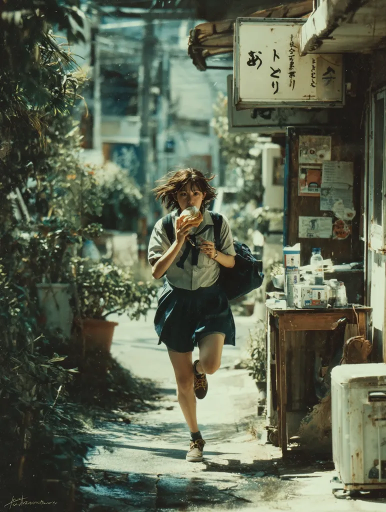 A young girl in a school uniform runs down a narrow, sun-drenched alleyway in Japan. She's eating a pastry while hurrying, her backpack slung over her shoulder.  The alley is lined with aged buildings and lush greenery, creating a nostalgic, almost cinematic atmosphere.  The scene evokes a sense of youthful energy and a fleeting moment captured in time.