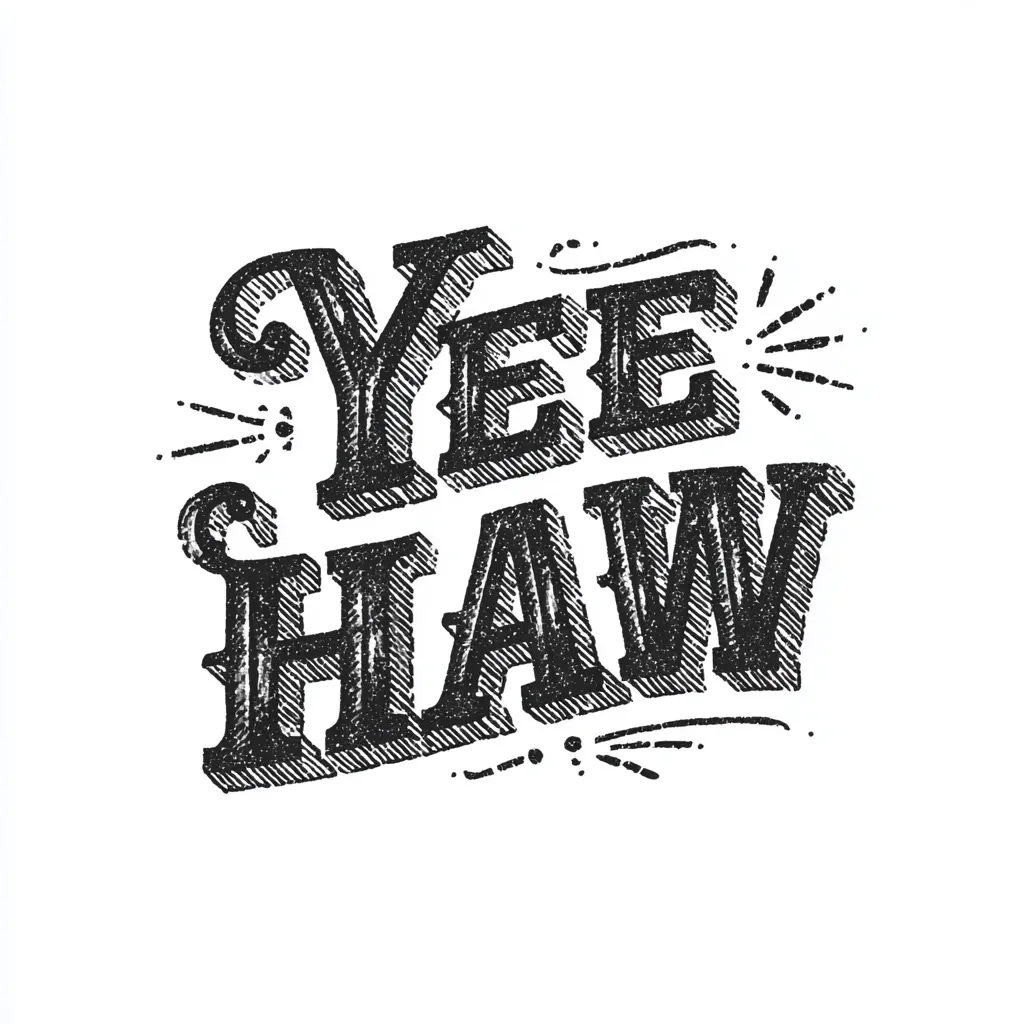 The image showcases a stylized, hand-drawn design of the phrase "Yee Haw!"  The text is in a bold, vintage-inspired font with a textured, almost woodblock-printed effect.  Ornamental flourishes and decorative elements surround the lettering, contributing to a rustic, country-western aesthetic.  The overall style evokes a sense of playful energy and Southern charm.
