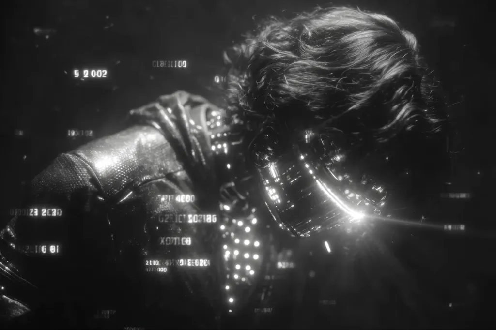 A monochromatic close-up depicts a person with disheveled hair, wearing a textured, dark garment.  They are partially obscured by a metallic, cage-like structure around their face.  The background is filled with floating alphanumeric codes, creating a futuristic, possibly dystopian, atmosphere. The overall tone is dark and mysterious.