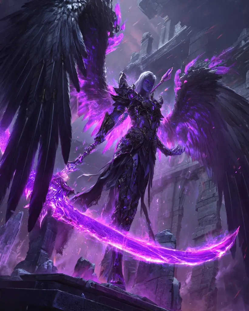 A dark angel, draped in purplish-black armor, stands amidst crumbling ruins.  Massive, feathered wings, edged with vibrant purple energy, frame the figure.  The angel wields a glowing purple scythe, its blade radiating intense light. The scene is ominous and dramatic, with a brooding atmosphere created by the dark colors and decaying architecture.  The overall impression is one of power and impending doom.