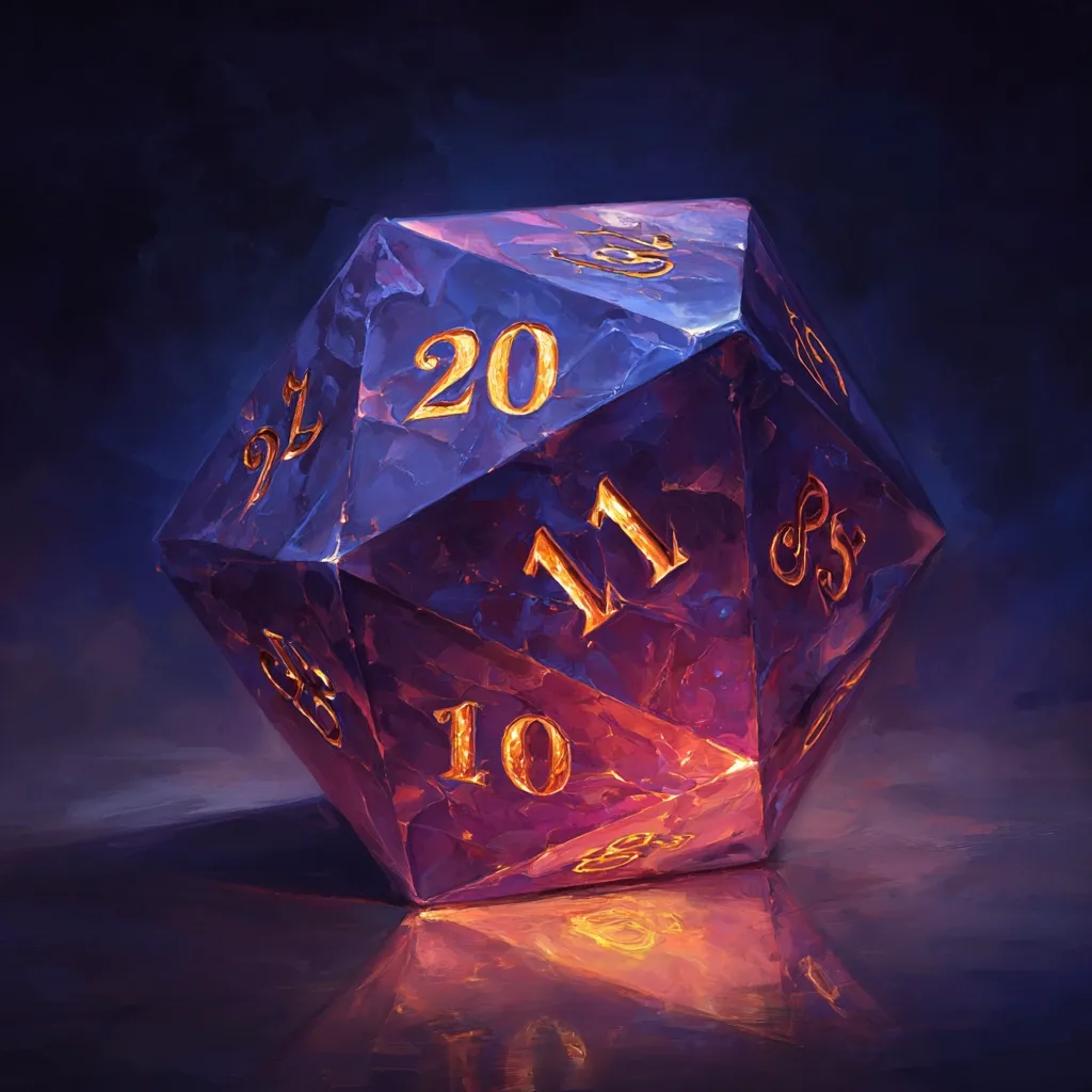 A twenty-sided die, a d20, rests on a dark surface.  It's crafted from a deep purple, almost amethyst-like material, with gold numbers glowing faintly from within.  The die's facets are rough and uneven, giving it a mystical, almost magical appearance.  A soft, warm light emanates from its base, casting a reflection on the surface beneath.