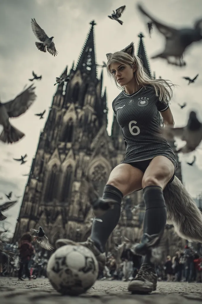 A female soccer player, with a fox tail, kicks a soccer ball in front of a large gothic cathedral.  She wears a dark jersey with the number 6 and is surrounded by flying pigeons. The scene is moody and dramatic, with a contrast between the athletic figure and the imposing architecture.  The overall atmosphere is gritty and fantastical.