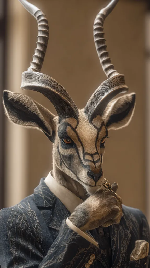 A digital artwork depicts an antelope-like creature, meticulously rendered, wearing a dark suit and collared shirt.  Its long, spiraled horns curve elegantly backward. The creature's face is marked with dark, stylized patterns, and its fur is a blend of light and dark browns.  One hand rests thoughtfully on its chest, near a pocket square. The background is a muted, neutral tone.