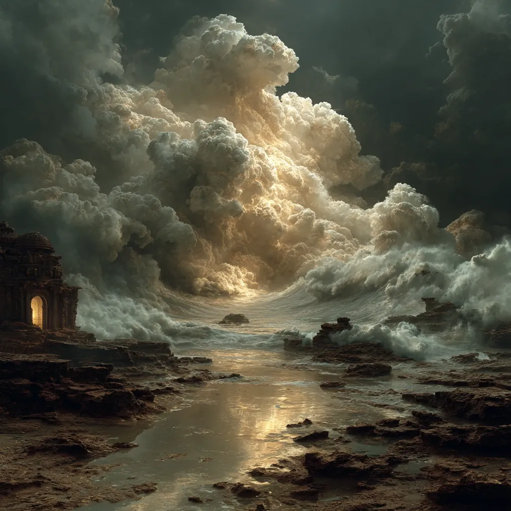 A dramatic seascape unfolds under a turbulent, golden-hued sky.  Massive waves crash against rocky shores, while an ancient, stone structure stands sentinel near the water's edge.  The clouds, luminous and ominous, dominate the scene, creating a powerful and atmospheric image of nature's raw power.  The light filtering through the clouds illuminates the water, adding to the sense of drama and mystery.