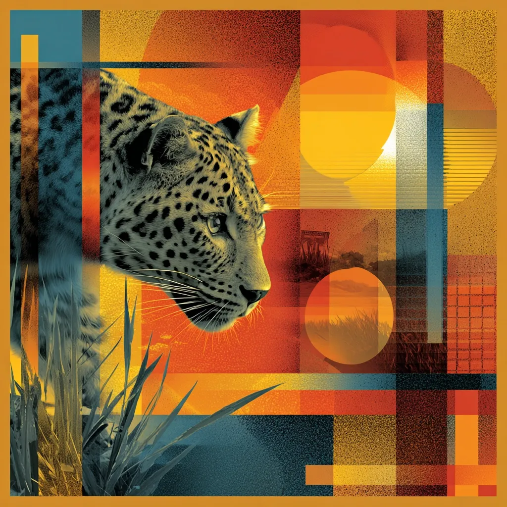 A stylized illustration features a leopard's profile in the foreground, its spotted coat rendered in muted tones.  The background is a vibrant geometric abstract composition of oranges, yellows, and blues, suggesting a sunset landscape.  The graphic style blends realism with bold, angular shapes, creating a striking visual contrast between the animal and its environment.