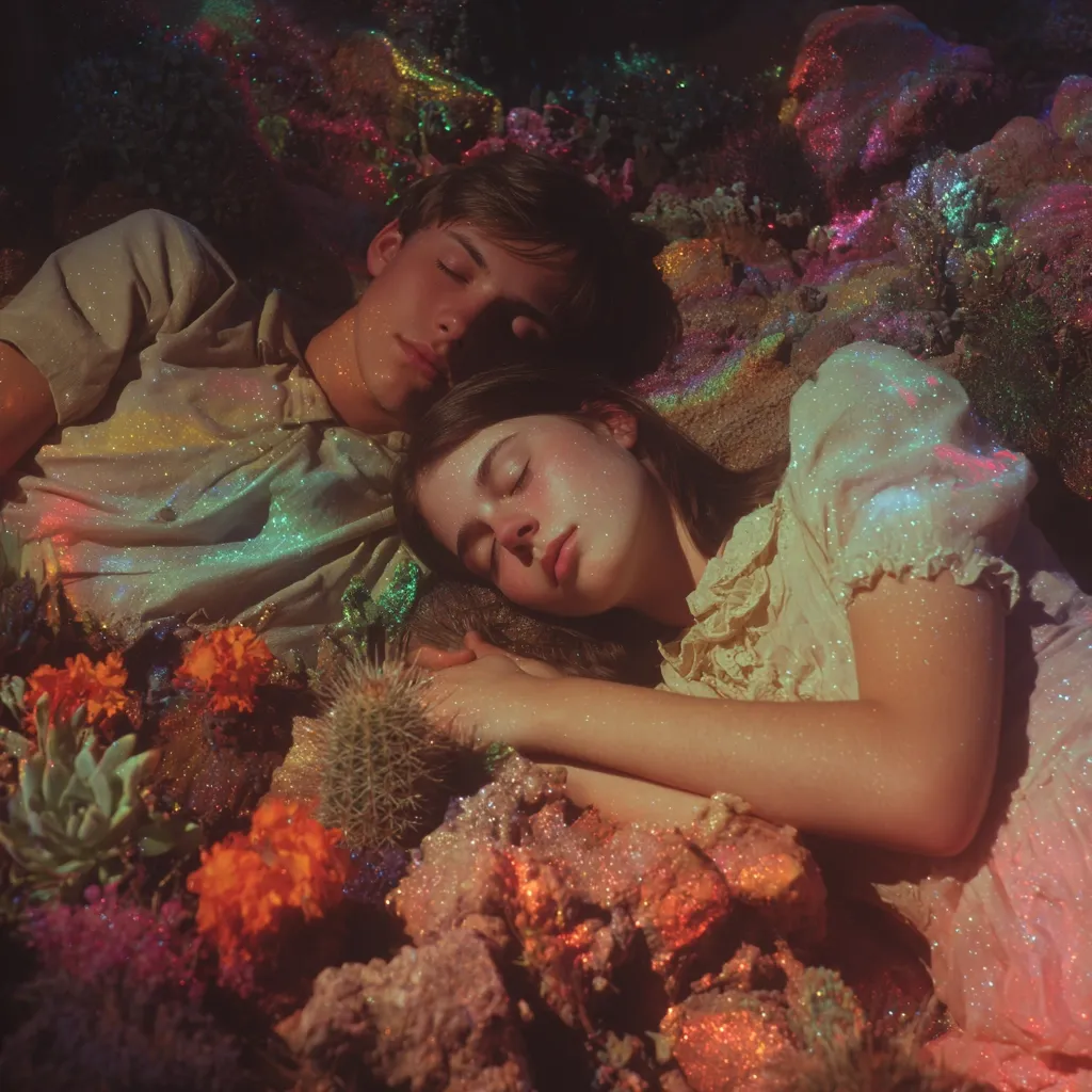 A young couple sleeps nestled amongst glittering rocks and desert flora.  The image is bathed in a warm, ethereal light, giving it a dreamlike quality.  The woman rests her head on the man's shoulder, their hands clasped together.  Rainbow-colored sparkles adorn their clothing and the surrounding landscape, creating a magical, surreal atmosphere.