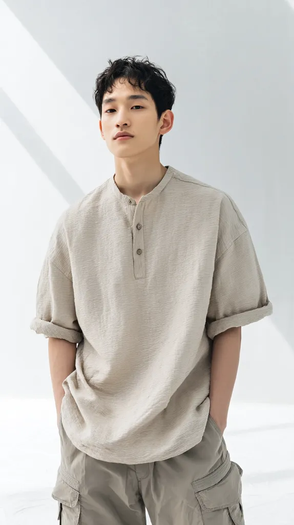 A young man with short dark hair poses against a white background. He's wearing a light beige, loose-fitting henley shirt with short sleeves and three buttons at the neckline.  His pants are light olive green cargo pants.  The overall style is casual and minimalist.  The lighting is soft and diffused.