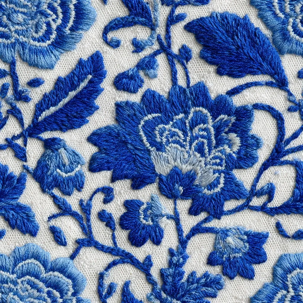 Intricate blue embroidery on a sheer white fabric features a repeating floral pattern.  Large, stylized blossoms with layered petals are interspersed with smaller flowers and leaves, creating a dense, flowing design. The embroidery is meticulously detailed, with variations in shades of blue adding depth and texture to the floral motif. The overall effect is elegant and reminiscent of a Chinoiserie style.