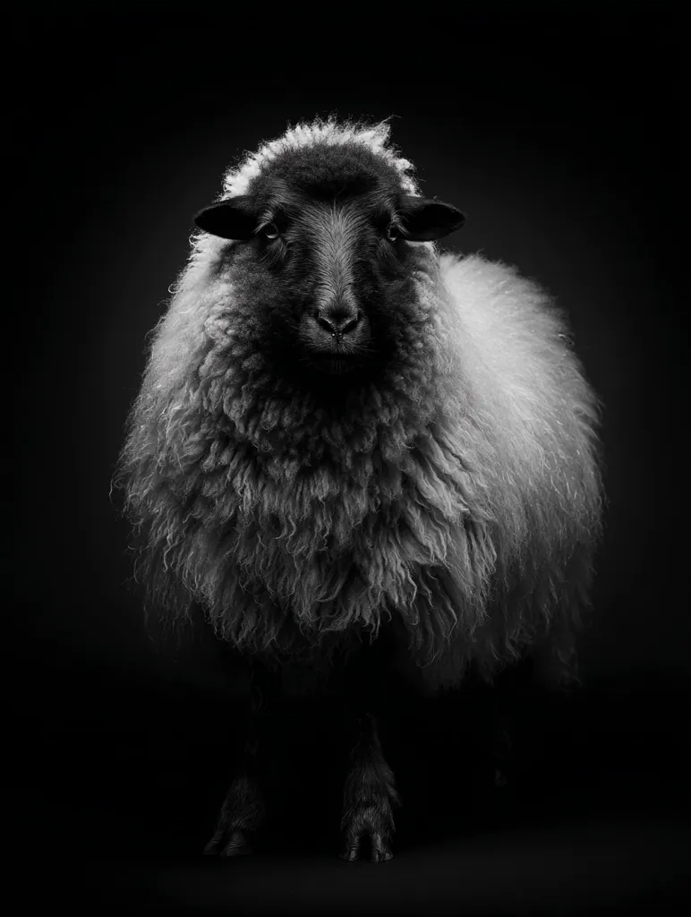 A black-faced sheep stands against a dark background in a striking monochrome portrait.  Its thick, fluffy fleece contrasts sharply with its dark face and legs. The sheep gazes directly at the camera, creating a powerful and captivating image. The lighting emphasizes the texture of the wool and the details of the sheep's features.