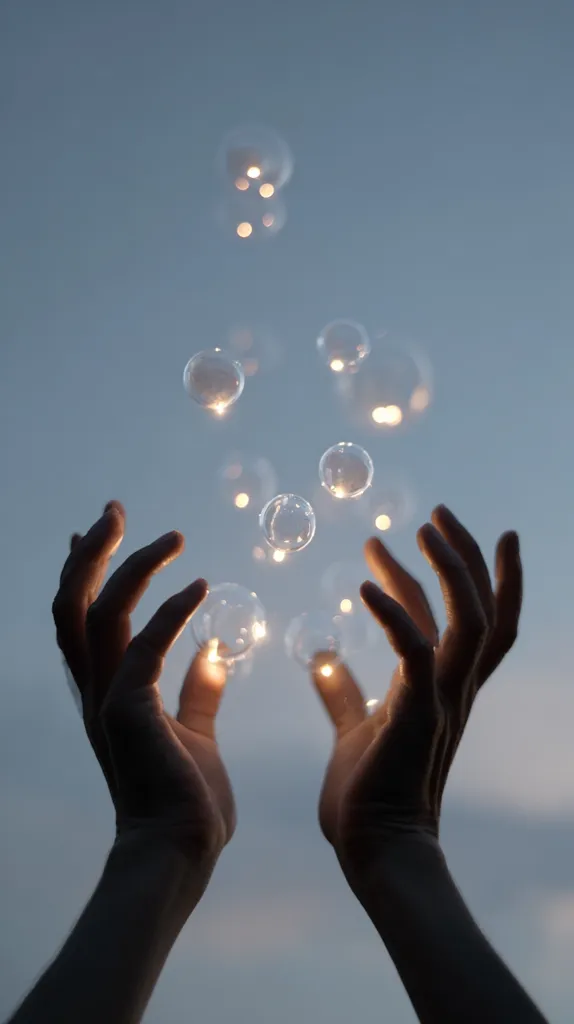 Silhouetted hands are gently cupped upwards, seemingly catching and releasing numerous iridescent bubbles illuminated from within.  The bubbles float against a soft, muted blue sky, creating an ethereal and magical scene.  The image evokes feelings of wonder, lightness, and delicate beauty.