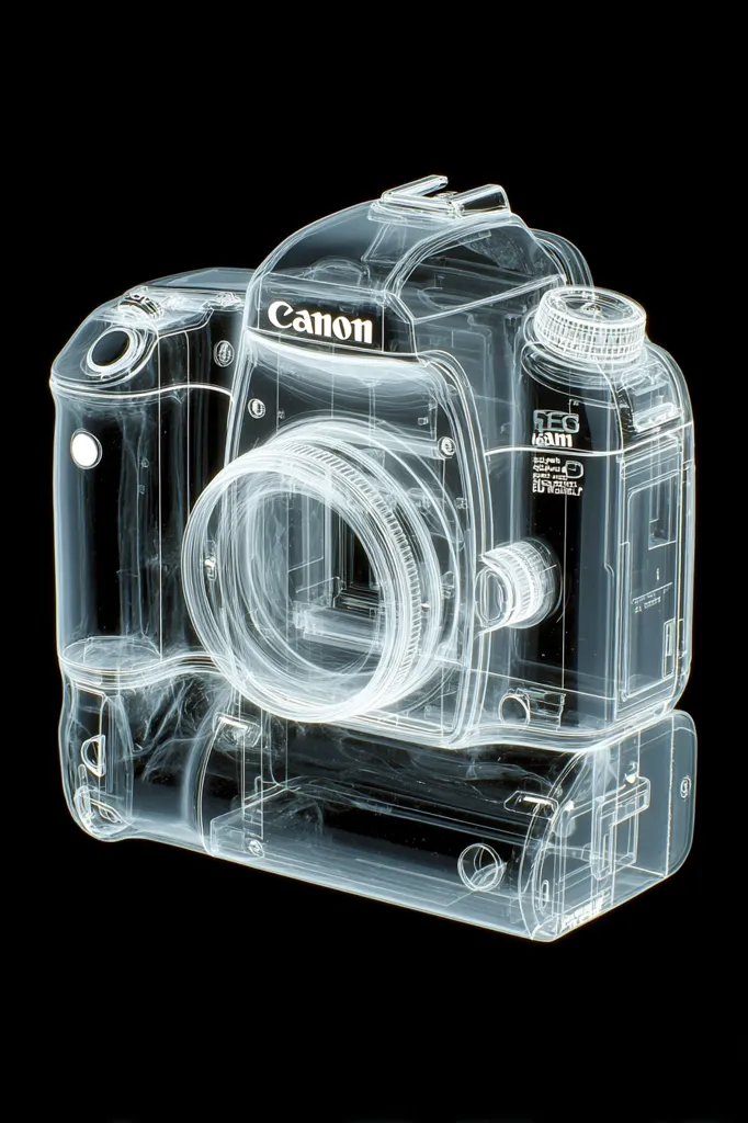 A translucent, wireframe rendering of a Canon EOS camera against a black background.  The image showcases the camera's internal mechanics and design, from the lens to the battery compartment.  The Canon logo is visible, along with various technical markings. The effect gives the impression of an x-ray or schematic view of the device.