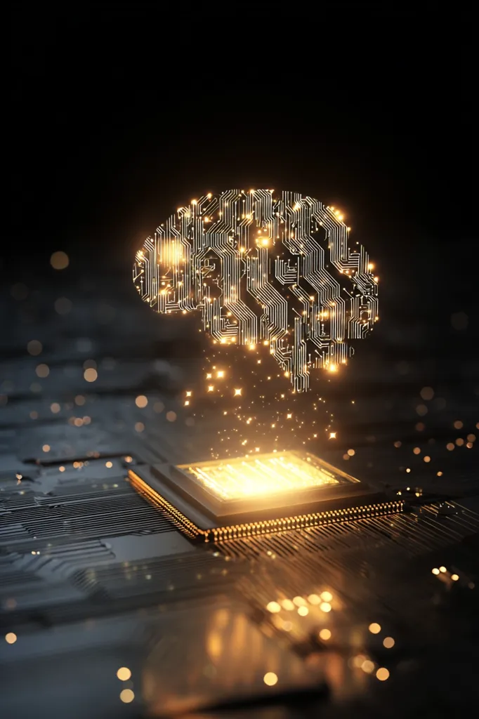 A glowing, circuit-board-like brain descends onto a computer microchip, symbolizing artificial intelligence.  Golden sparks emanate from the brain, illuminating the dark background. The image evokes a sense of technological advancement and the merging of biology and technology.  The overall aesthetic is sleek, modern, and visually striking.