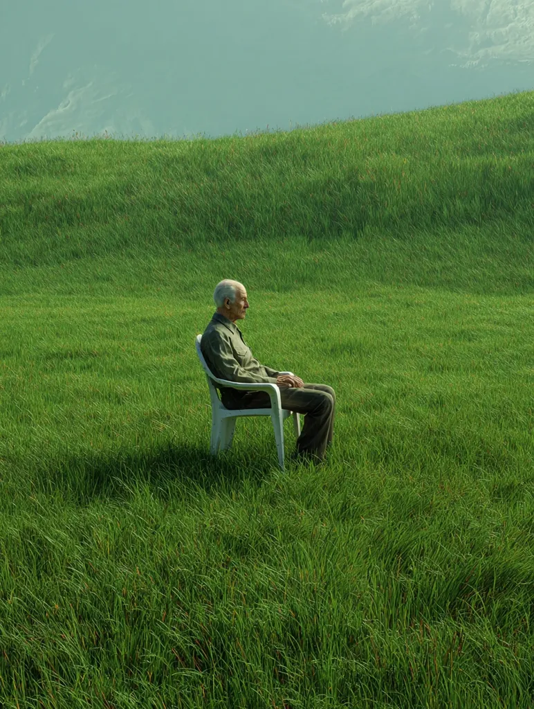 An elderly man with gray hair sits alone in a white plastic chair in a vast, verdant field.  The tall grass stretches to a gently sloping hill under a hazy sky. He gazes out at the landscape, conveying a sense of quiet contemplation and solitude. The scene is serene and peaceful, emphasizing the man's isolation within the expansive natural setting.
