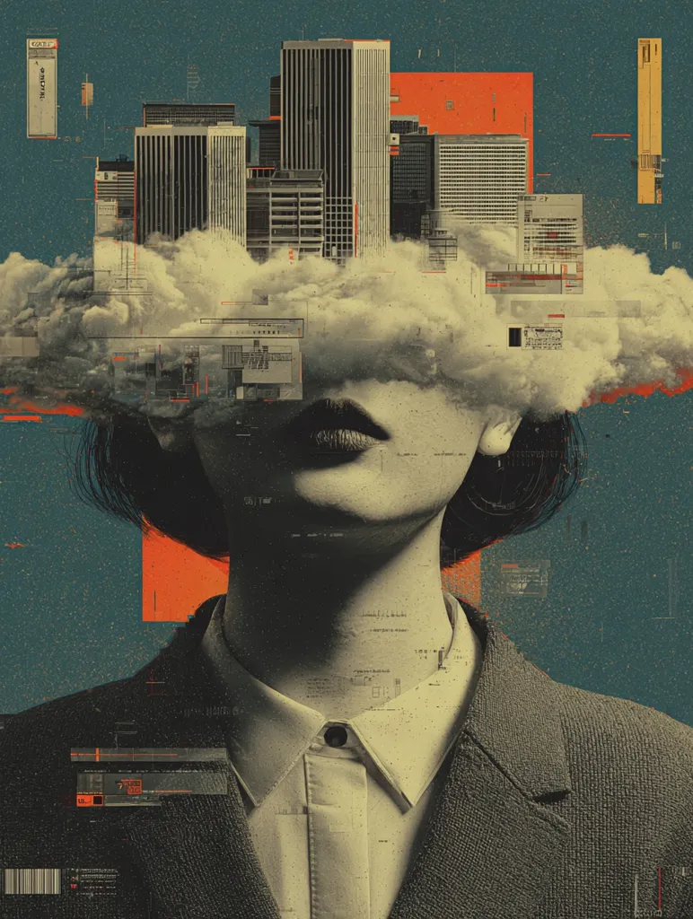 A woman's face is partially obscured by a cloud-like formation upon which a cityscape rests. The image is a surreal blend of realism and digital collage, with a muted color palette.  The woman's attire suggests a professional setting, contrasted by the fantastical element of the city in the clouds.  Digital glitches and text overlay add a technological layer, implying a deeper meaning about the relationship between urban life and personal experience.