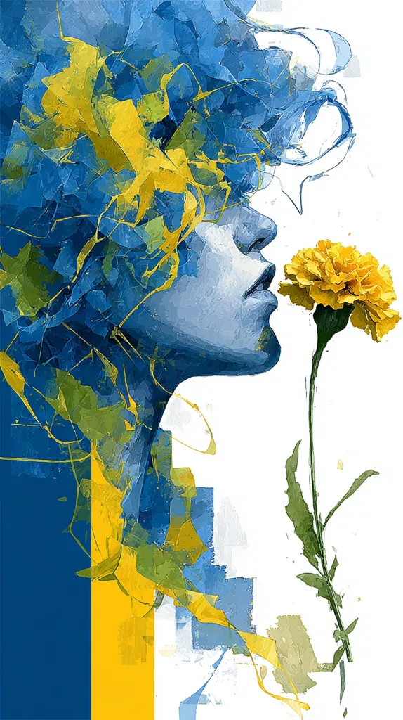 An abstract portrait of a woman's face, rendered in vibrant blues and yellows.  Her hair flows like paint strokes, blending into the background.  A single yellow marigold extends from her profile, its stem delicately rendered. The style is impressionistic, capturing emotion through color and form rather than precise detail.  The overall effect is one of serene beauty and connection with nature.