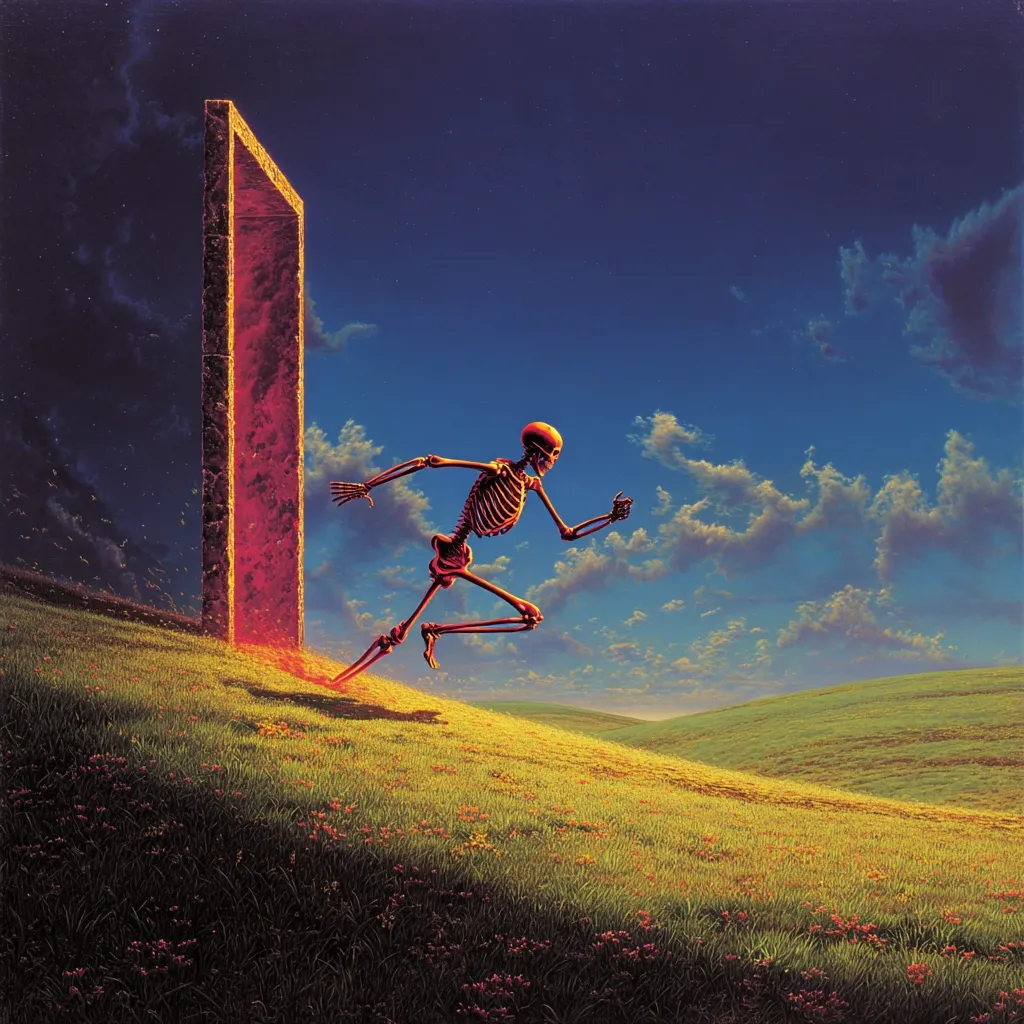 A vibrant surreal painting depicts a skeleton sprinting across a rolling green hill towards a glowing red portal resembling a tall doorway. The sky is a blend of blue and orange hues, filled with fluffy white clouds. The scene evokes a sense of otherworldly movement and passage, possibly suggesting the transition between life and death or another realm.  The colors are rich and saturated, adding to the dreamlike atmosphere.