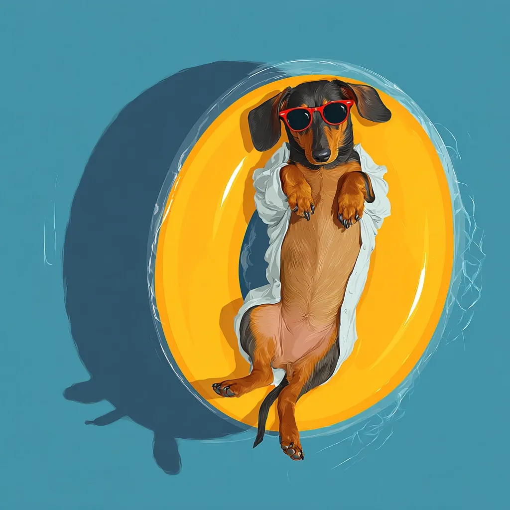 A dachshund dog, wearing red sunglasses and a white shirt, relaxes on a yellow inflatable ring in a pool.  The dog is lying on its back, paws visible, enjoying a sunny day. The scene is depicted in a vibrant, stylized illustration, with a teal background and subtle water ripples around the ring. The dog appears content and carefree.