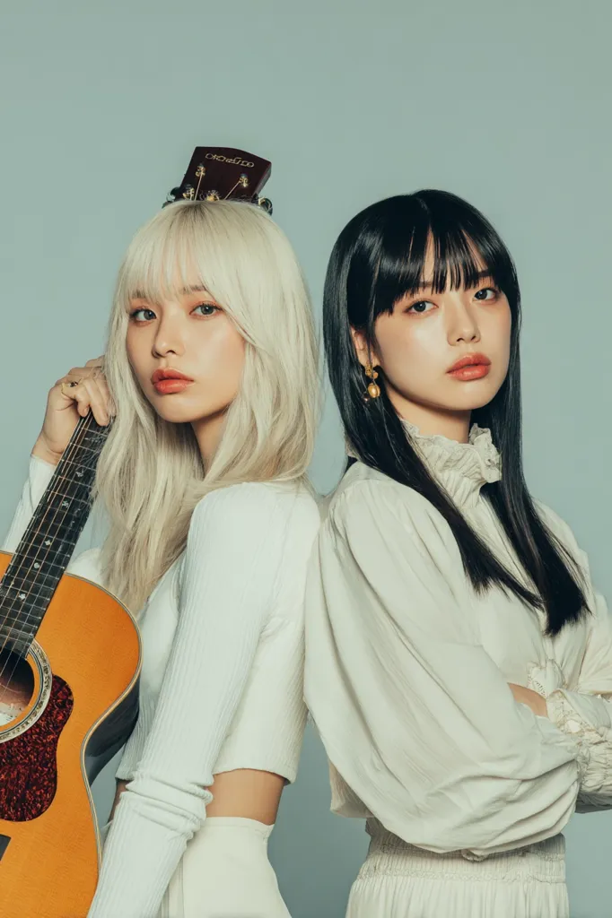 Two young women pose back-to-back against a muted blue background.  One, with long blonde hair, holds an acoustic guitar adorned with a miniature guitar head as a hair accessory. The other, with long black hair, stands with arms crossed. Both wear cream-colored, long-sleeved tops and matching bottoms, creating a coordinated and stylish look.  The image conveys a sense of musicality and effortless chic.