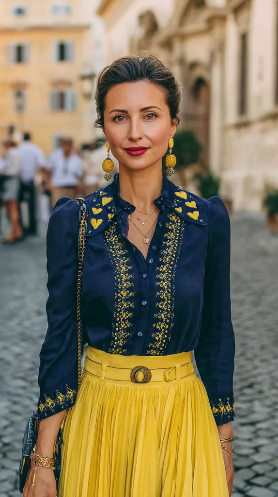 A woman in a stylish outfit stands on a cobblestone street. She wears a navy blue embroidered blouse with a yellow pleated midi skirt and a gold belt. Her accessories include large yellow statement earrings, gold necklaces, and bracelets. The background is blurred, showing a classic European city street.  The overall impression is one of sophisticated elegance.