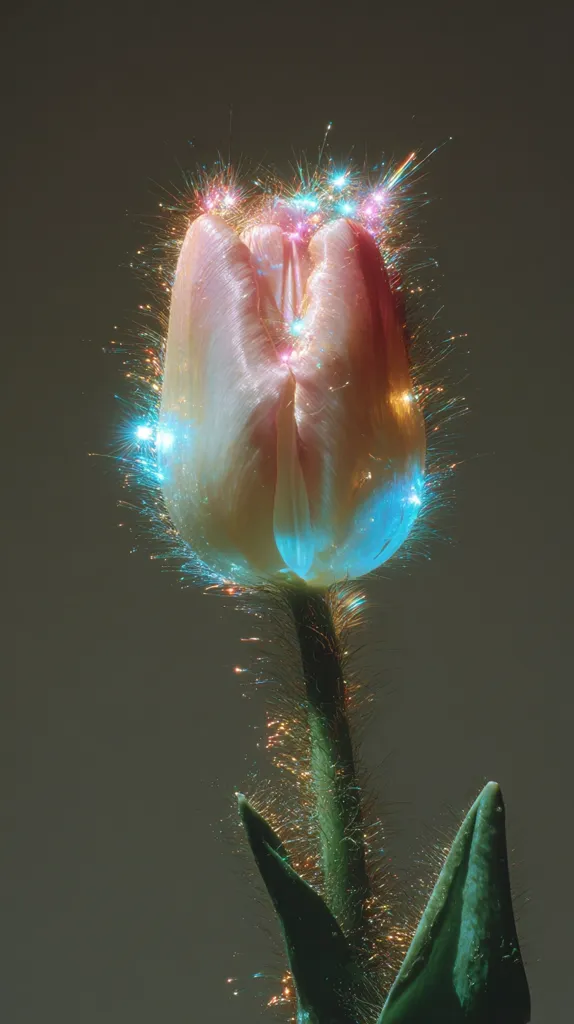 A single tulip, seemingly glowing with ethereal light, is the focal point.  Pastel pink petals are surrounded by a halo of sparkling, vibrant hues of teal and pink, resembling fireworks.  The stem and leaves are dark green, contrasting beautifully with the luminous bloom.  The overall effect is surreal and dreamlike, a captivating blend of nature and fantasy.